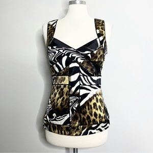 CACHÉ Silk Mixed Media Zebra Leopard Animal Print Corset Tank